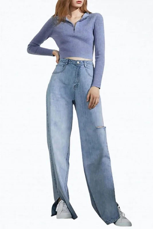 Dennis Cutout Slit-Hem Wide-Leg Jeans In Light Blue