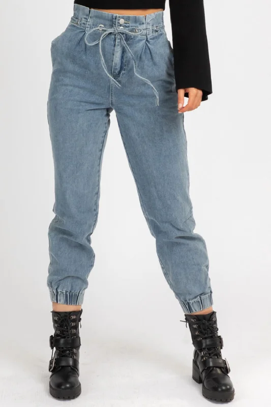 High Rise Denim Paperbag Joggers In Blue