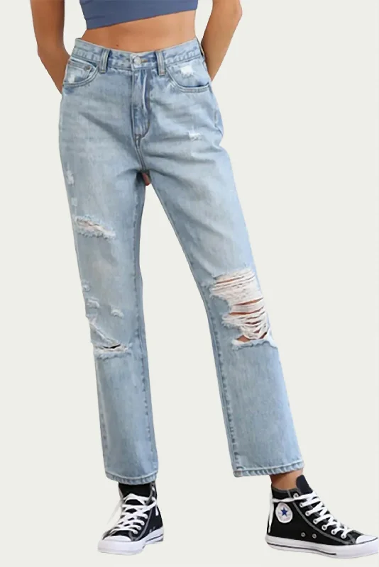 Distressed High-Rise Straight-Leg Jeans In Light Blue