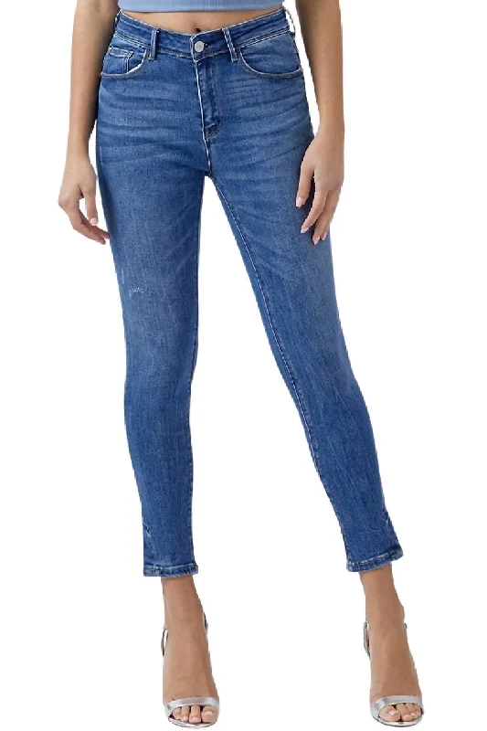 Curvy Yoke Mid Rise Skinny Jean In Dark Blue