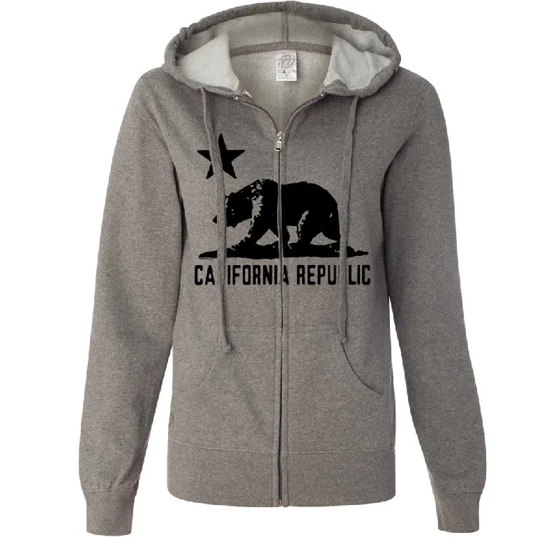 California Flag Oversize Black Silhouette Ladies Fitted Zip-Up Hoodie