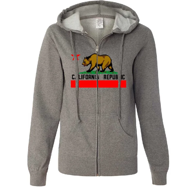 California Republic Borderless Bear Flag Black Text Ladies Zip-Up Hoodie