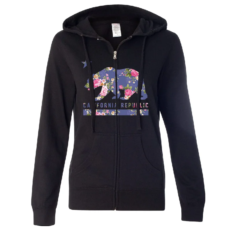 California Republic Paisley Flower Bear Ladies Lightweight Fitted Zip-Up Hoodie