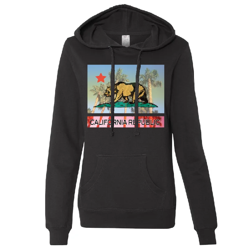 California Republic Palm Tree Bear Ladies Lightweight Fitted Hoodie