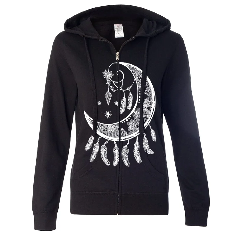 Crescent Moon Dreamcatcher White Ladies Lightweight Fitted Zip-Up Hoodie