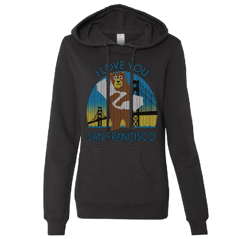 I Love You SF Knit Style Bear Ladies Lightweight Fitted Hoodie