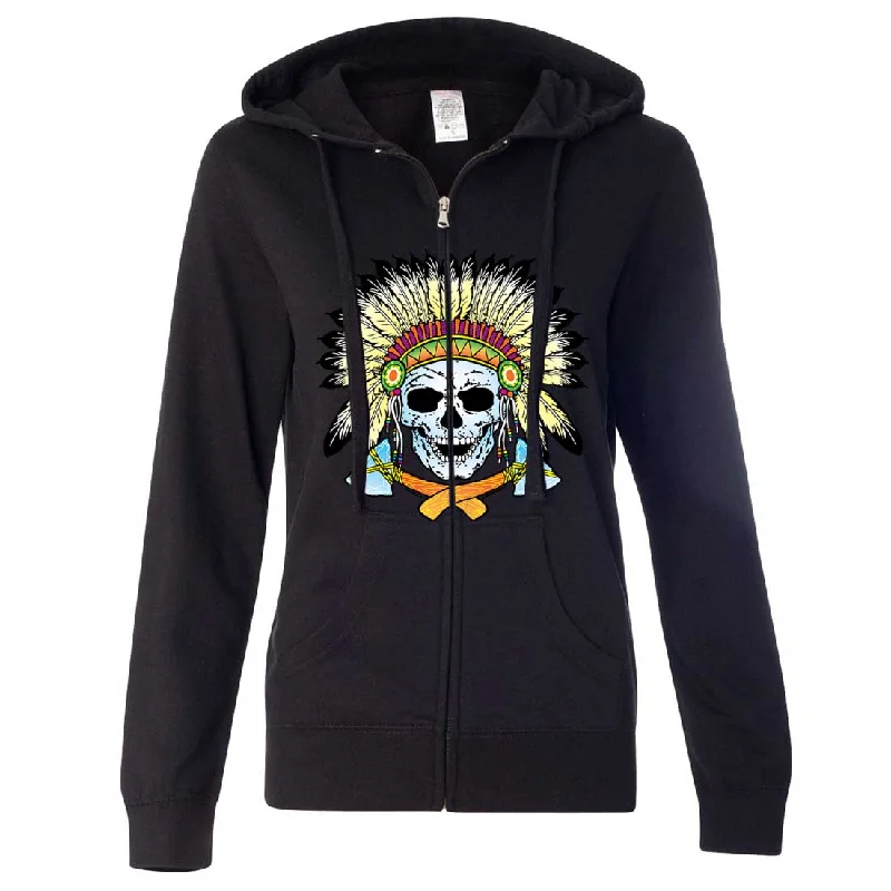 Native American Indian Skeleton Tomahawk Chief Ladies Zip-Up Hoodie