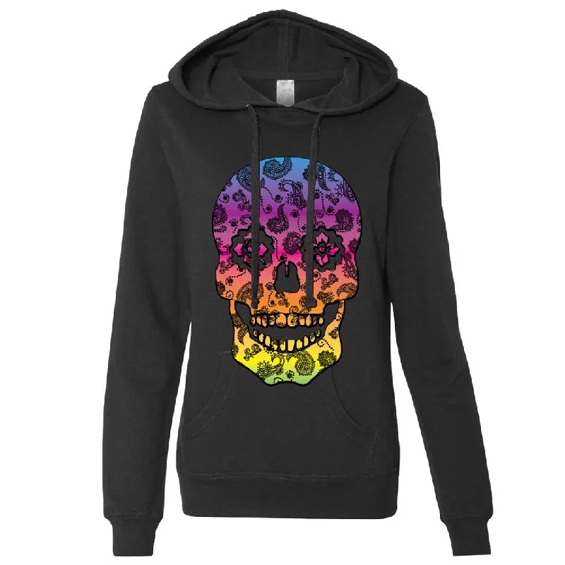 Neon Paisley Print Sugar Skull Ladies Lt./Wt. Hoodie