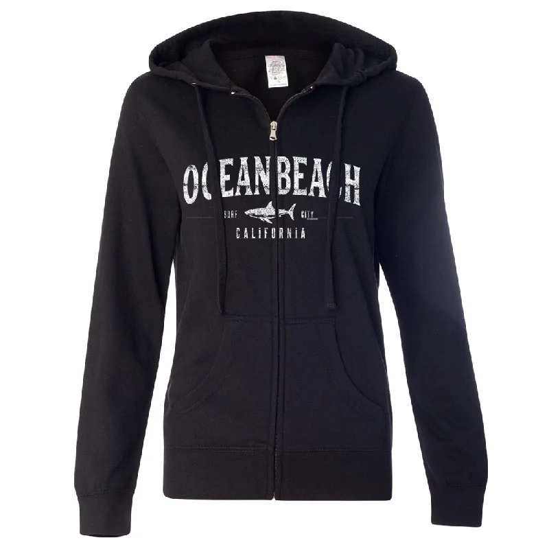 Ocean Beach California Ladies Lightweight Fitted Zip-Up Hoodie