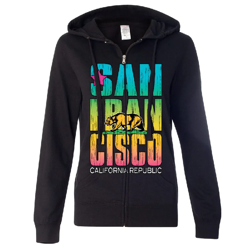 San Francisco California Neon Rainbow Ladies Lightweight Fitted Zip-Up Hoodie