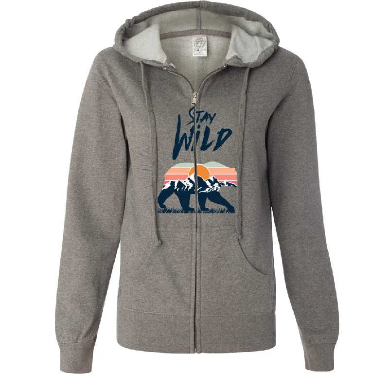 Stay Wild Sunset Bear Ladies Lightweight Fitted Zip-Up Hoodie