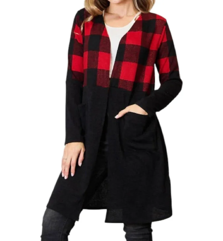 Buffalo Plaid Pocket Cardigan In Black/red