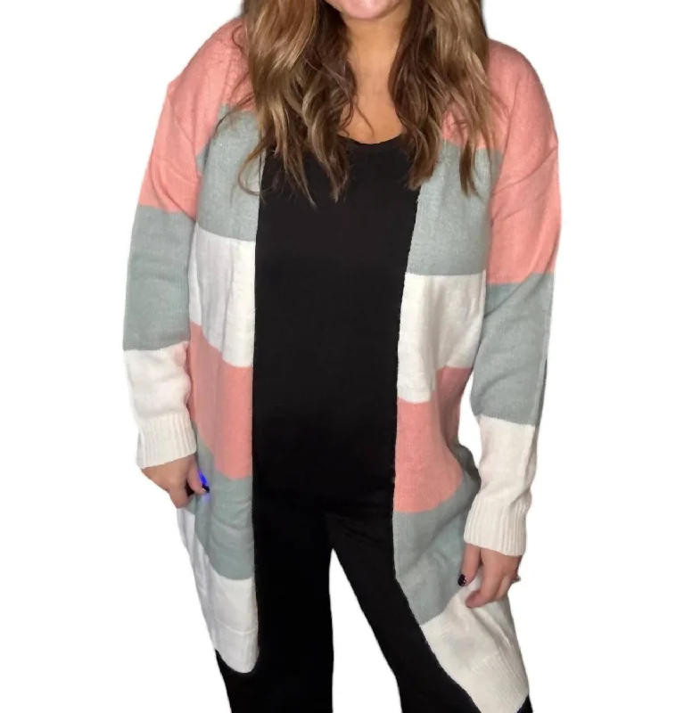 Colorblock Stripe Open-Front Cardigan In Green Multi