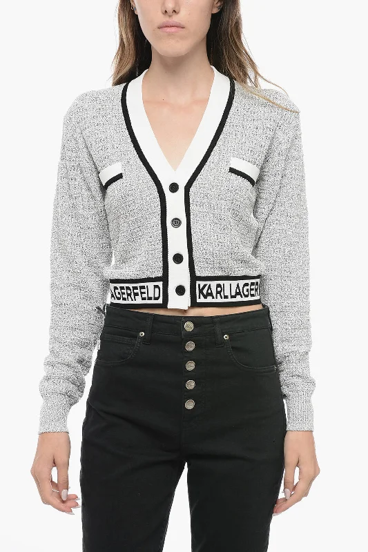 Karl Lagerfeld Bouclè Fabric Cropped Cardigan with Logoed Band