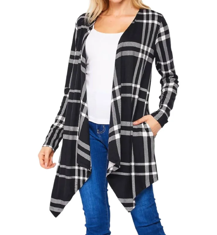 Plaid Asymmetical Hem Cardigan In Black/white