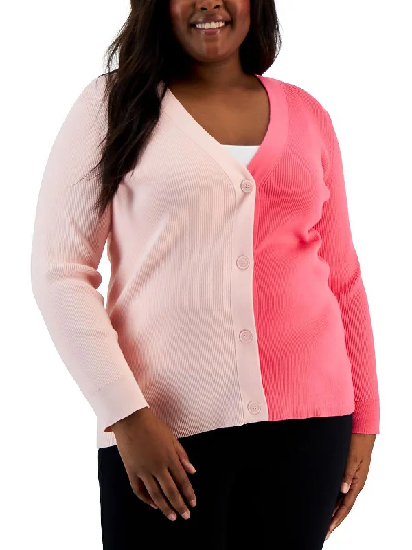 Plus Womens Colorblock Ribbed Cardigan Sweater