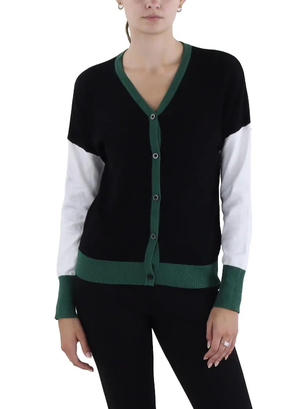 Womens Contrast Trim Colorblock Cardigan Sweater