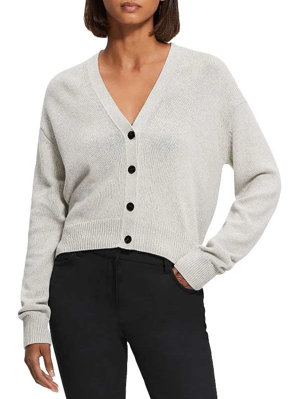 Womens Ribbed Trim  Cotton Cardigan Sweater