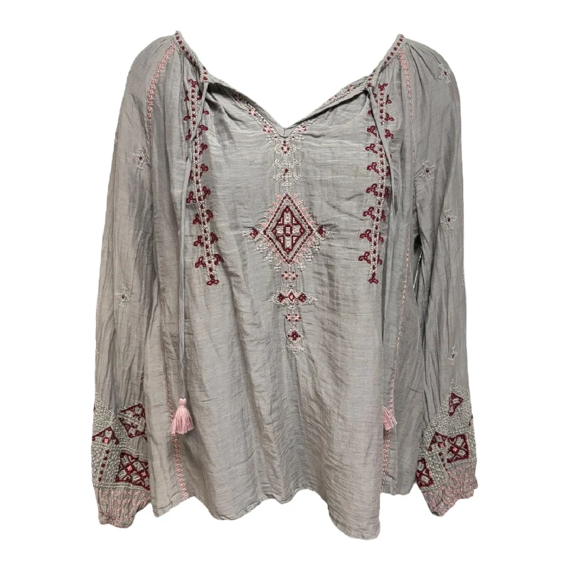 Silk Blend Embroidered Blouse Designer By Johnny Was In Grey, Size: Xs