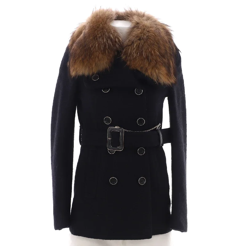 Women's Double Breasted Belted Chain Peacoat Wool with Fur